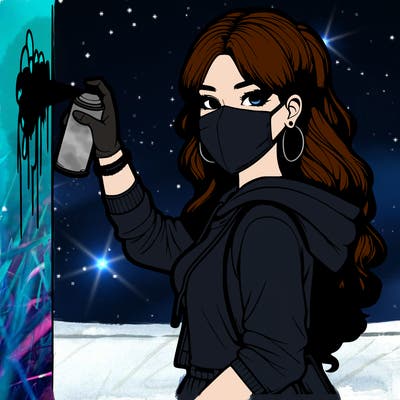 realistic girl with mask spray painting a wall