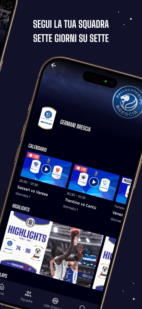LBATV 앱 인터페이스에 이탈리아 르가 바스켓 세리에 A의 라이브 농구 경기 일정 및 경기 하이라이트가 표시됩니다.
