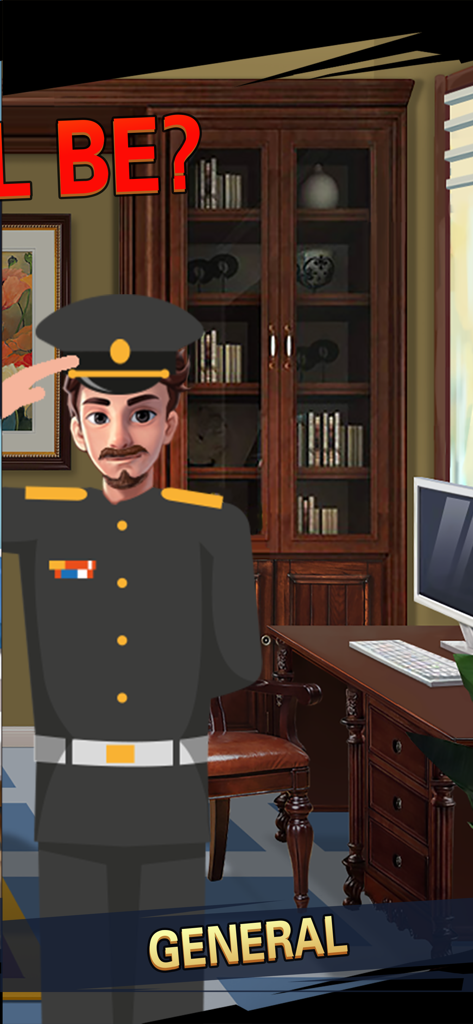 A cartoon military general saluting in his office