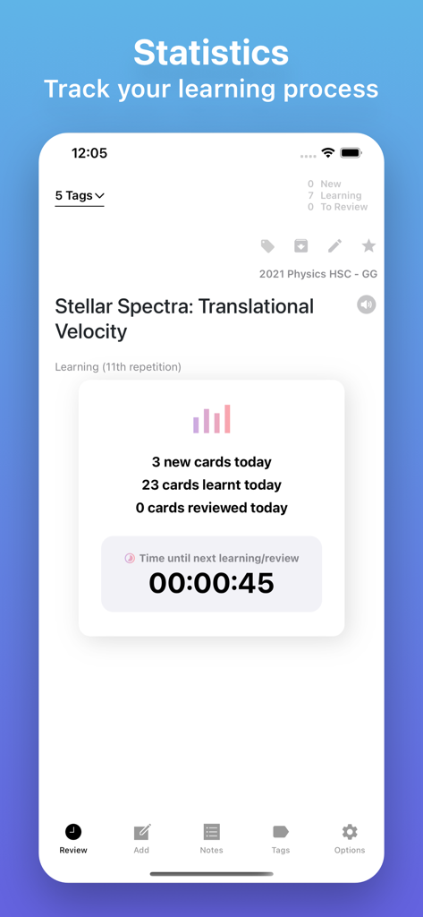 Flash Cards - Flashcards Maker - Painel de estatísticas de aprendizado mostrando o progresso dos cartões e um cronômetro de contagem regressiva de estudo