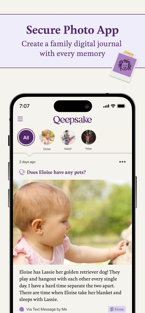 Qeepsake: Journal & Milestones - Smartphone displaying the Qeepsake app with a baby photo and journal entry prompt