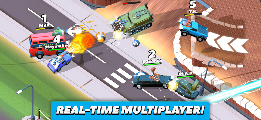 Action-packed real-time multiplayer car battle in Crash of Cars featuring diverse vehicles and explosive power-ups