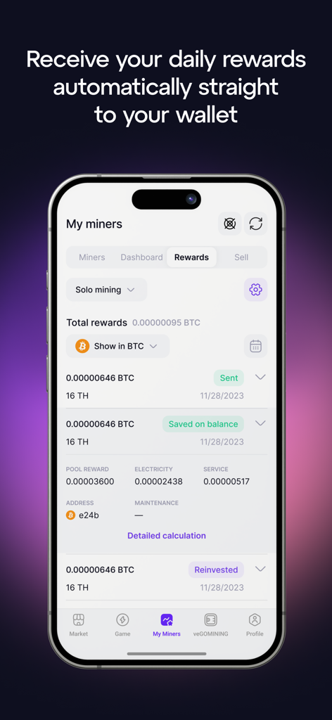 GoMining - Mining App - Tableau de bord de l'application GoMining montrant les récompenses quotidiennes de minage de Bitcoin et les détails des transactions.