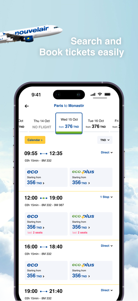 Interface de l'application mobile Nouvelair affichant les résultats de recherche de vols et les prix des billets pour un voyage de Paris à Monastir.