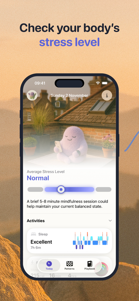Watch Stress Monitor Harvee - Tableau de bord de l'application Harvee sur iPhone montrant un niveau de stress corporel normal et une excellente qualité de sommeil