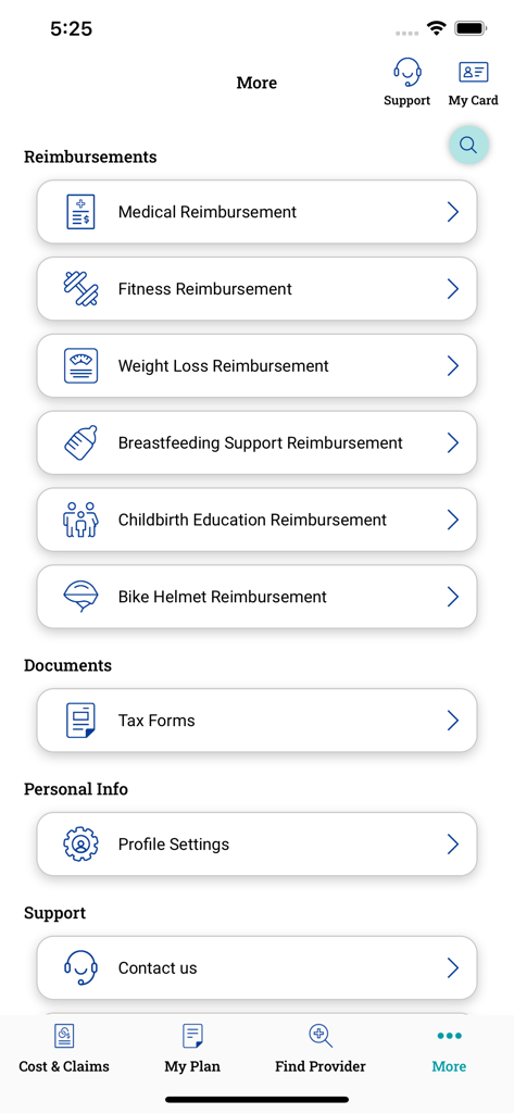 MGB Health Plan Member App screen displaying various reimbursement categories including medical fitness and weight loss