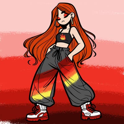girl in baggy pants crop top and long hair
