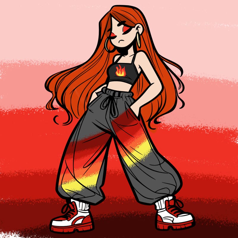 girl in baggy pants crop top and long hair