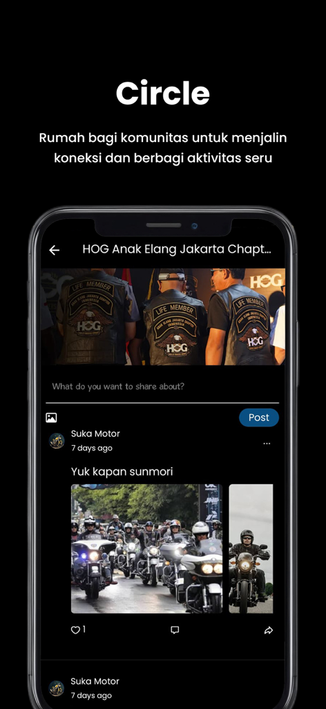 Sevenhub - Sevenhub app Circle community feed showing an Indonesian motorcycle group post