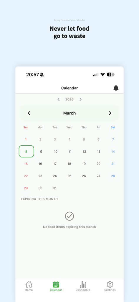 Vista de calendario de la aplicación Fridgi mostrando fechas de caducidad de alimentos mensuales y seguimiento de expiración