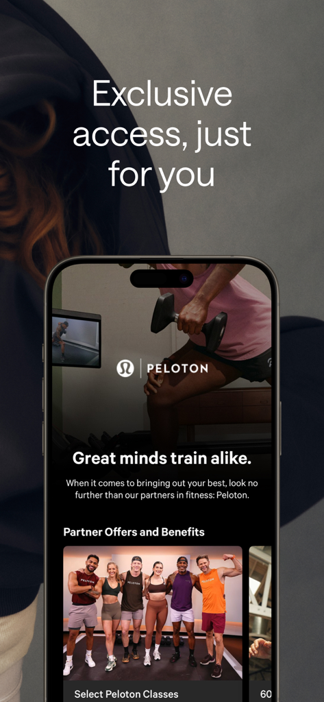Lululemon App-Oberfläche, die eine Partnerschaft mit Peloton mit exklusivem Zugang zu Fitnesskursen und Vorteilen zeigt