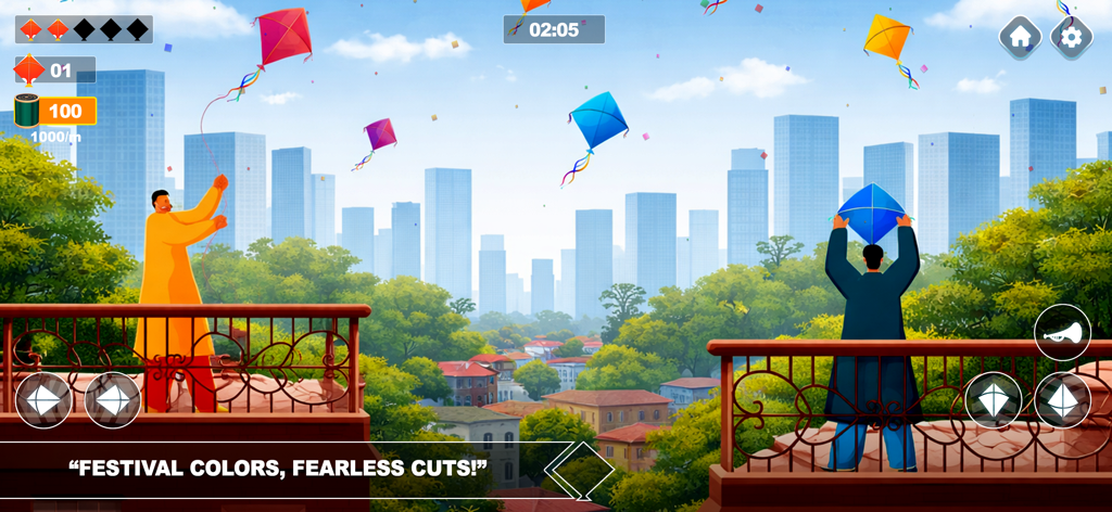 Two people flying colorful kites from balconies in a city skyline setting within the Kite Flying Simulator game.