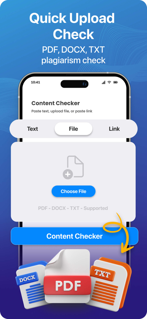 TurniTin app interface for quick plagiarism checks via PDF, DOCX, and TXT file uploads.