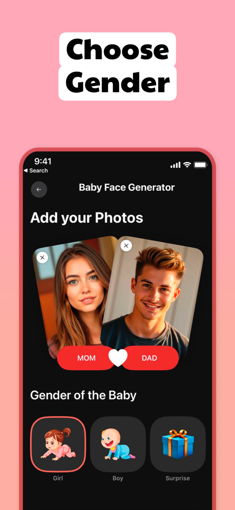 Screen showing options to upload parents photos and choose baby gender in the Future Baby Generator app