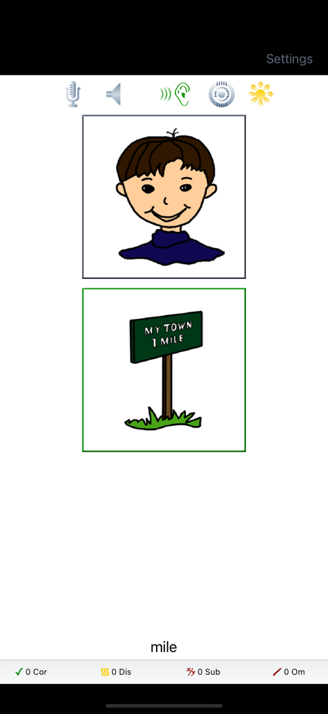 Captura de pantalla de la aplicación Pares Mínimos que muestra dos ilustraciones, una de un niño y otra de una señal de carretera de milla, utilizada para la discriminación auditiva en logopedia.