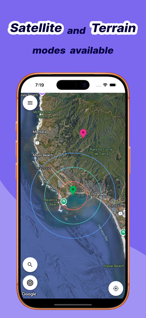 Radius Around Me - Satellite map view showing colored concentric radius circles and location markers for geographic analysis.