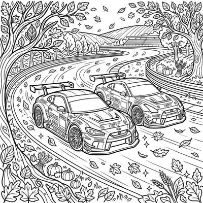 Immerse yourself in the thrill of GT racing as two powerful cars speed through a scenic autumn track. This dynamic coloring page, featuring falling leaves and harvest decor, offers an exciting challenge for teens.