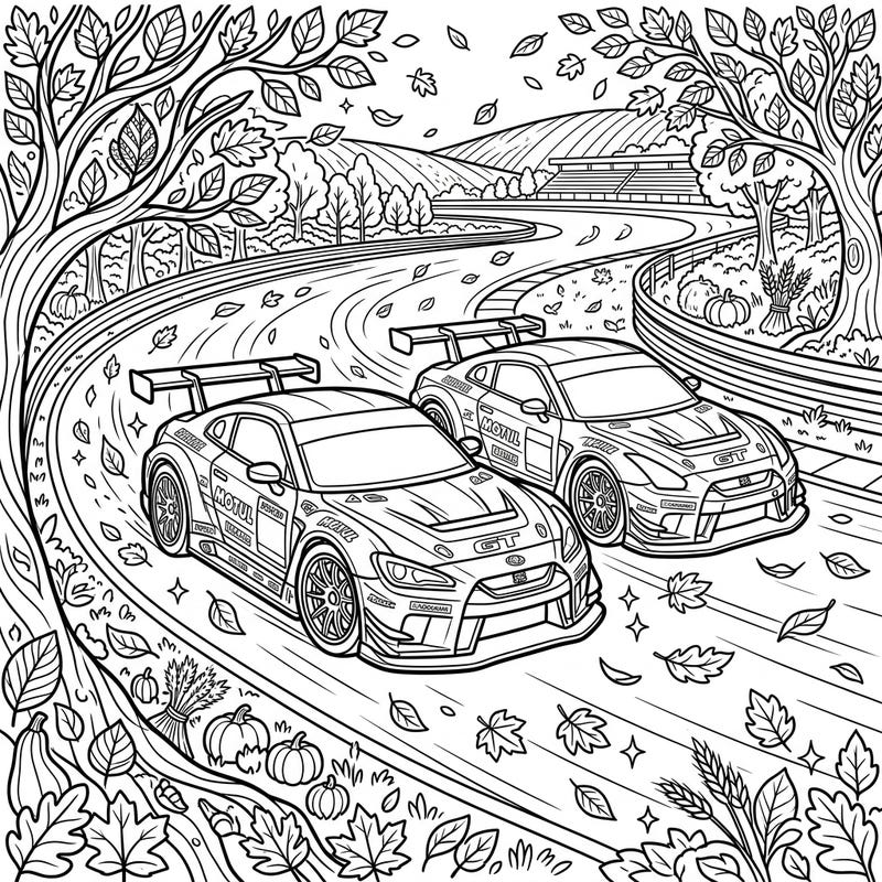 Immerse yourself in the thrill of GT racing as two powerful cars speed through a scenic autumn track. This dynamic coloring page, featuring falling leaves and harvest decor, offers an exciting challenge for teens.