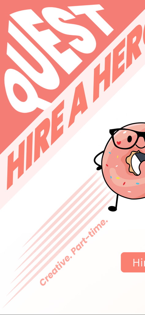 Quest - Hire a Hero - Quest Hire a Hero app promotional banner featuring a pink donut character with glasses