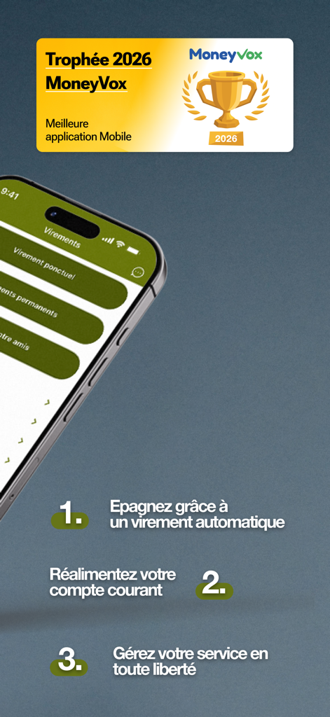 Monabanq mobile banking app interface showing transfer options and the 2026 MoneyVox award