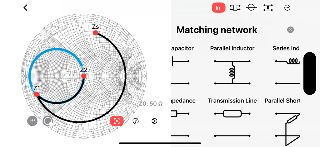 Smith Charts - Smith Chart app interface showing a matching network design with impedance points and component selection menu