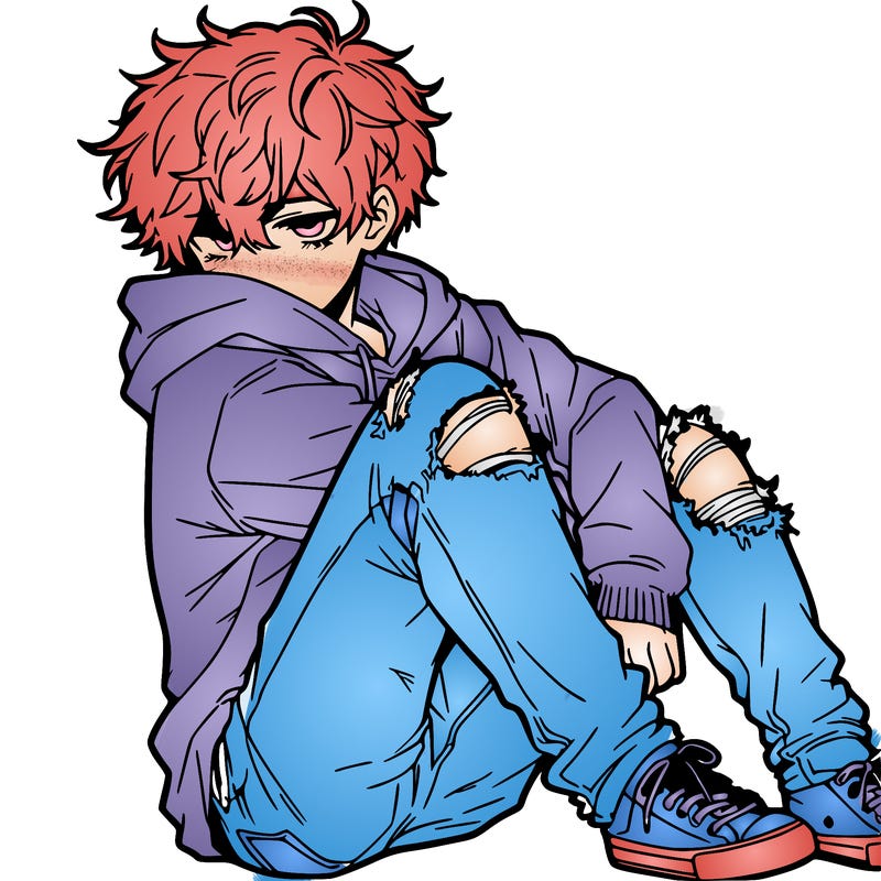 a male hoddie ripped jeans messy hair anime