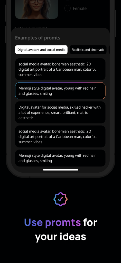Interface mostrando sugestões de prompts de avatar de IA para estilos de mídia social.