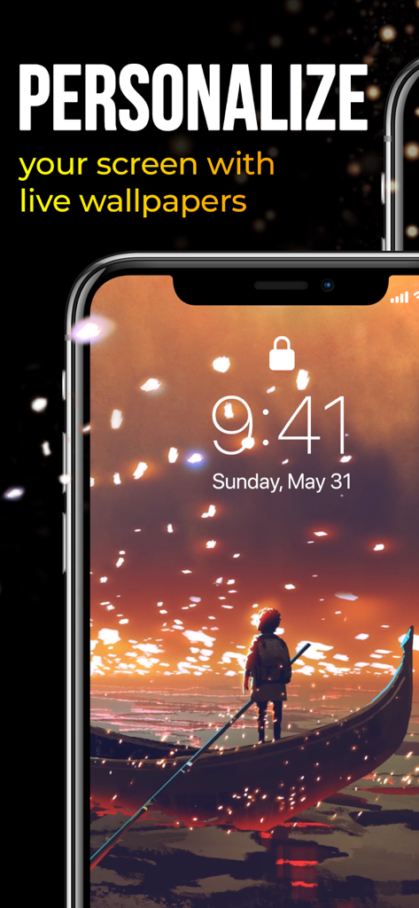 Live Wallpapers for Me - An iPhone lock screen showcasing a cinematic live wallpaper of a person on a small boat under a sunset sky with glowing particles