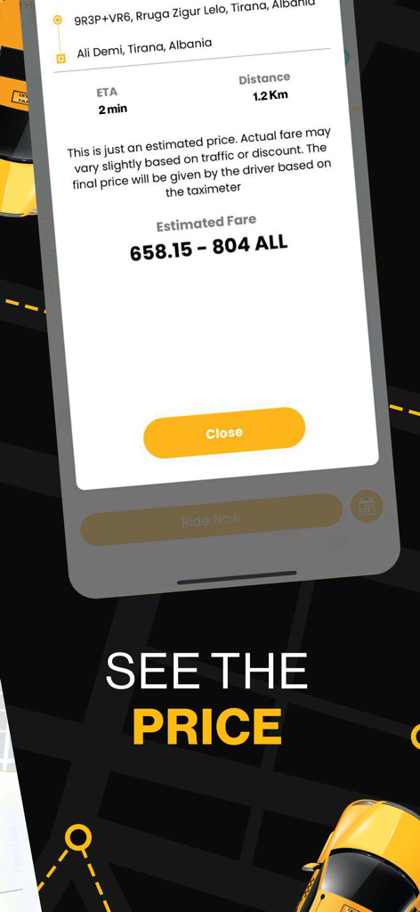 Speed Taxi Albania - Mobile app interface showing a taxi ride price estimate in Tirana Albania