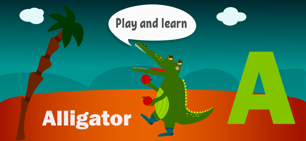 Schermata di apprendimento interattiva dall'app Giochi ABC con la lettera A con un simpatico alligatore che tiene delle mele.