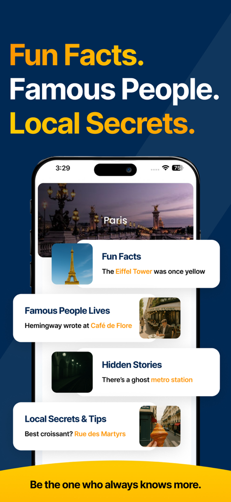 Triposo - Vacation Planner - Triposo app interface displaying local secrets historical facts and travel tips for Paris