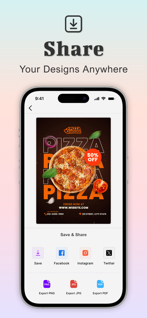 Poster Maker - Flyer Maker Ads - Poster Maker app screen showing social media sharing and file export options for PNG JPG and PDF