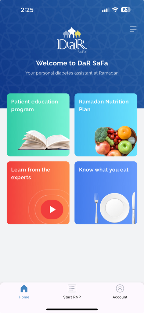 DaR SaFa - DaR SaFa app home screen featuring diabetes education and Ramadan nutrition planning