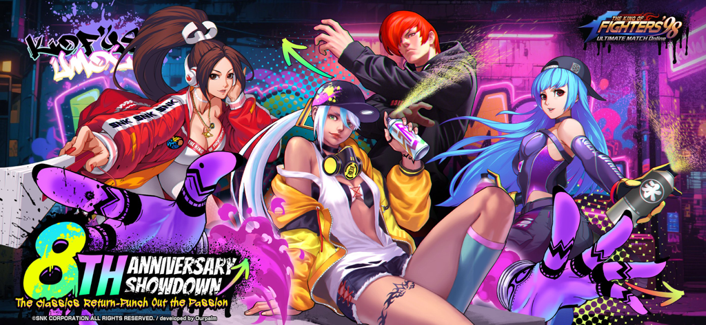 KOF'98 UM OL - Promotional banner for the KOF 98 UM OL 8th Anniversary Showdown featuring characters in urban street style
