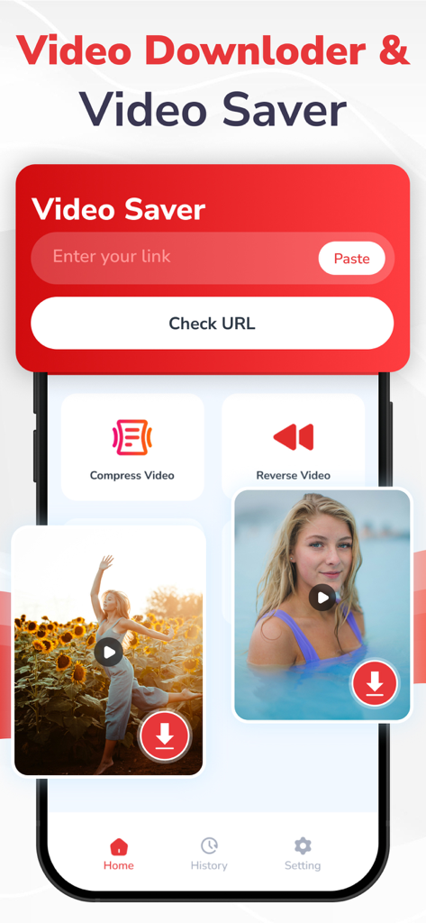 URL 입력 필드와 동영상 압축 및 리버스 도구가 있는 Video Downloader 앱 홈 화면