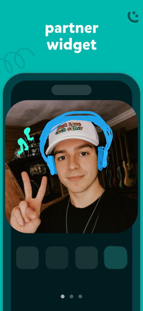 A photo of a person with hand drawn blue headphones and music notes on the noteit partner widget