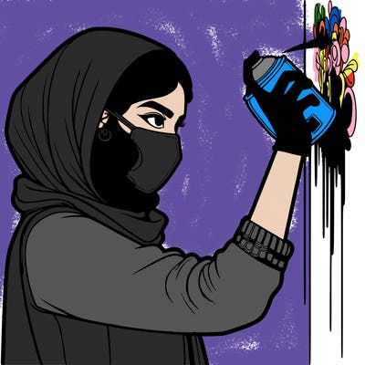 realistic girl with mask spray painting a wall