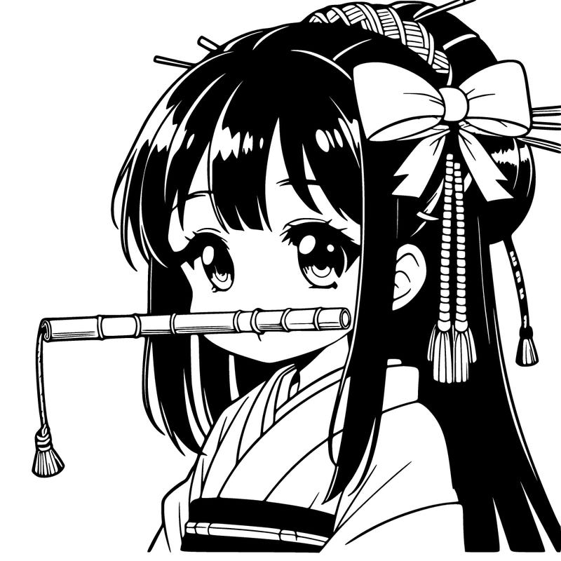 japanese anime girl with small bamboo stick with red strings in mouth