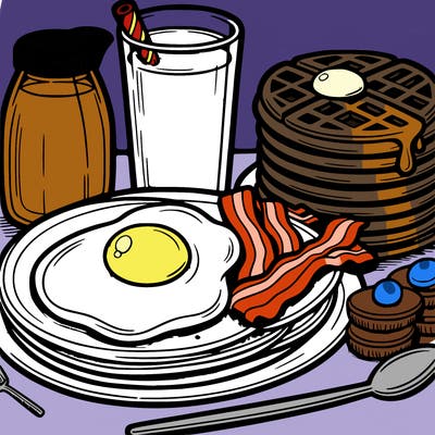 a breakfast with pancake fried eggs bacons milk waffles