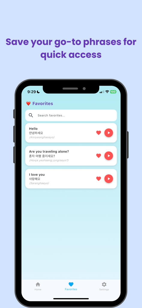 Korean Phrasebook for Travel - 韓国語フレーズ集アプリのお気に入り画面。音声アイコンと発音ガイド付きで保存されたフレーズが表示されます。