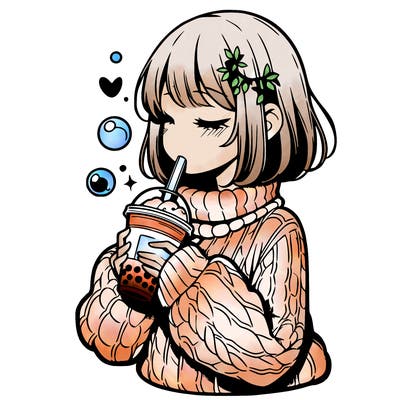 manga girl drinking boba in cozy sweater