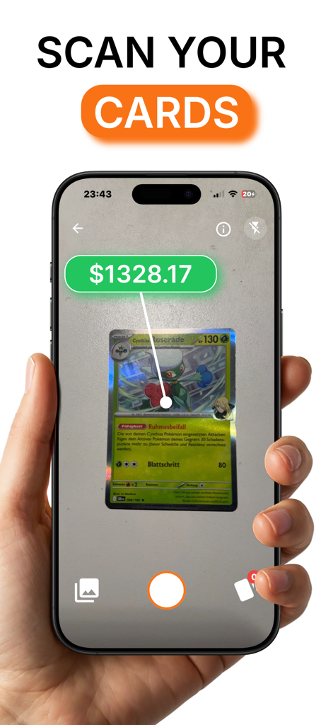 PTCG Value Scanner: Mintgrid - A person using the Mintgrid app to scan a Pokemon card and view its market value