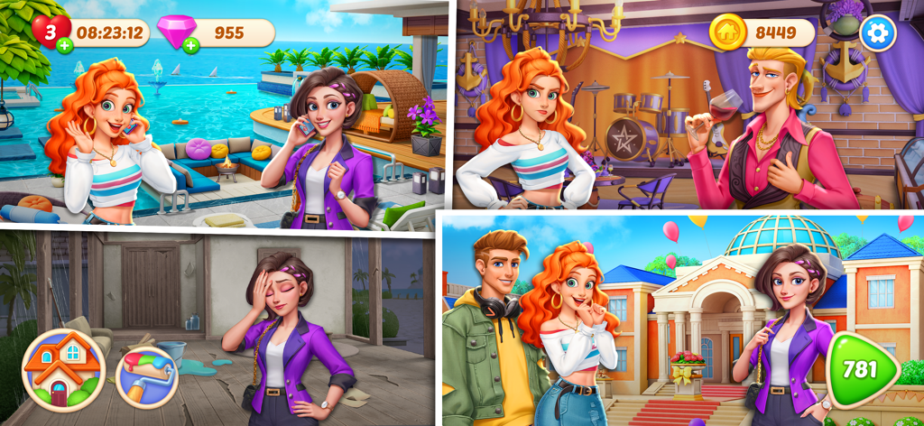 Makeover Master - Home Design - A collage of four scenes from Makeover Master showing characters in different luxury settings and a renovation project.