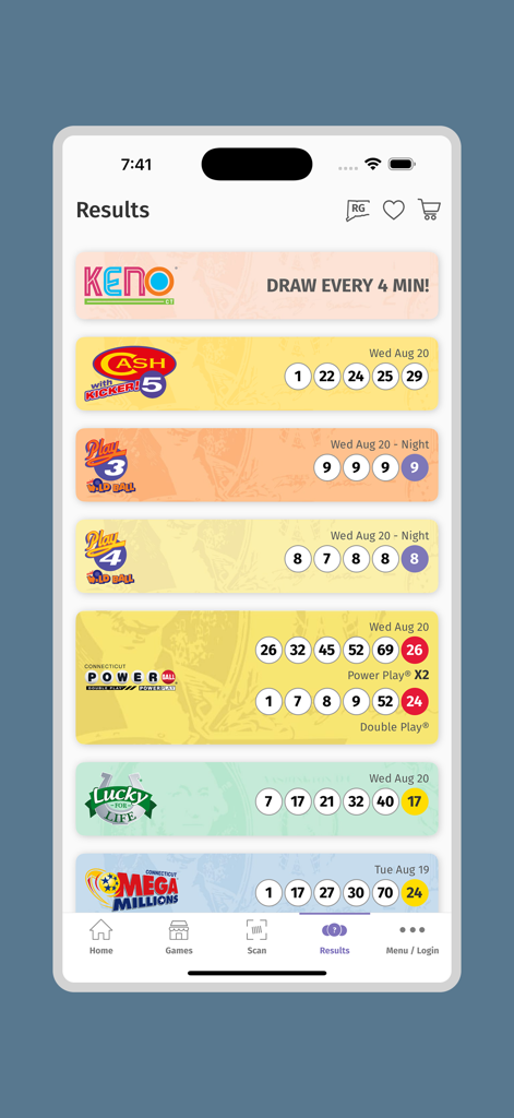 The official CT Lottery app results screen showing winning numbers for various games including Powerball Mega Millions and Keno.