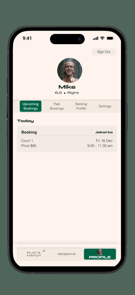 Ace Padel Club - Pantalla de perfil de usuario de Ace Padel Club que muestra una reserva de pista programada en Yakarta.