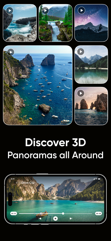 Captura de pantalla de la aplicación VR Video Player mostrando panorámicas 3D y vídeos de viajes de 360 grados en un smartphone