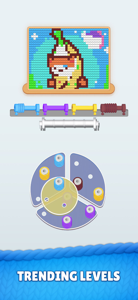 Yarnzle Stitch - Yarnzle Stitch mobile game screen showing colored yarn sorting puzzles and a completed knitted gnome artwork