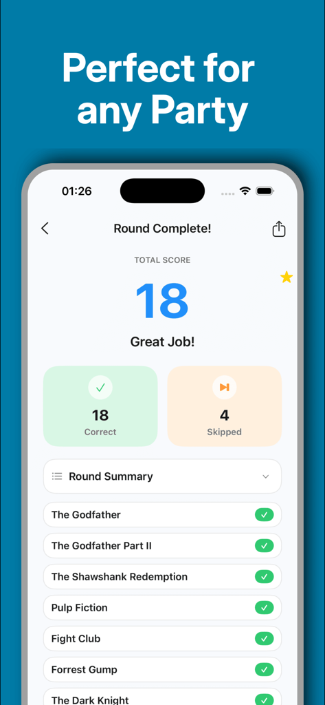 Charades Game - Guess Word - Pantalla de resumen de ronda para un juego de charadas mostrando una puntuación total de 18 y una lista de películas adivinadas como El Padrino y Pulp Fiction