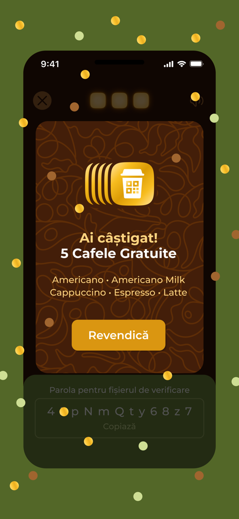 TO-GO Coffee - TO-GO Coffee app screen showing a notification for 5 free coffees won as a reward