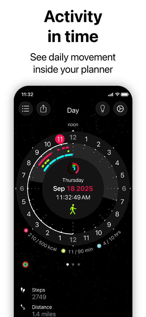 Kreisförmige Kalenderansicht, die integrierte Apple Aktivitätsringe und tägliche Bewegungsbögen zeigt.